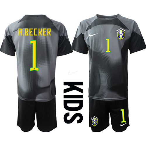 Maglie da calcio Brasile Alisson Becker #1 Portiere Prima Maglia Bambino Mondiali 2022 Manica Corta (+ Pantaloni corti)